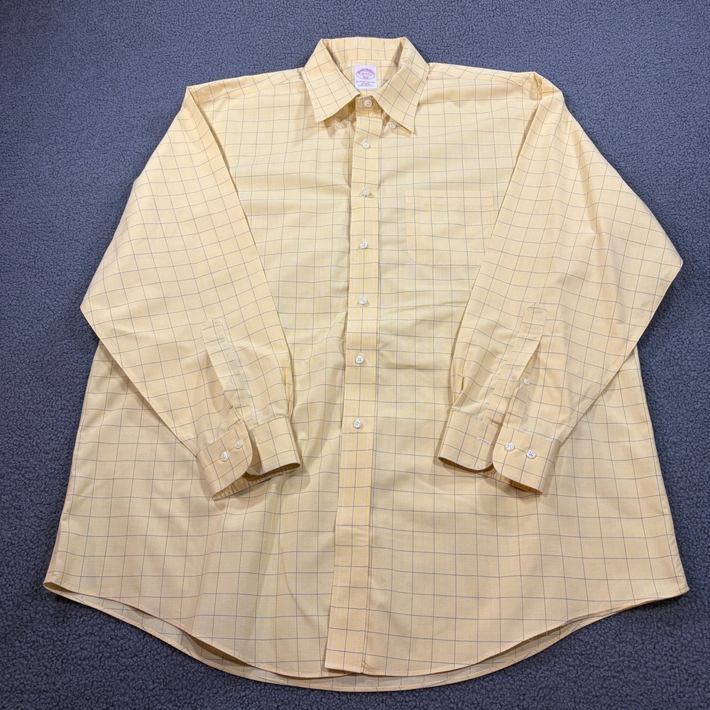 Brooks Brothers Shirt Mens 18-4/5 Yellow 346 Original Polo Windowpane Non-Iron
